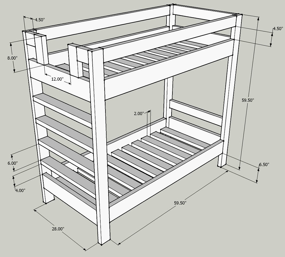 Чертеж на двуетажно легло с размерите на всеки отвор и общите параметри на рамката